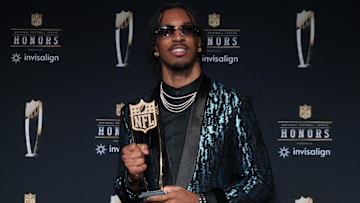 Feb 6, 2025; New Orleans, LA, USA; Washington Commanders quarterback Jayden Daniels poses with the Offensive Rookie of the Year award during Super Bowl LIX NFL Honors at Saenger Theatre. Mandatory Credit: Kirby Lee-Imagn Images