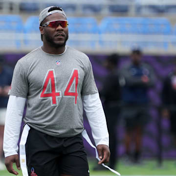 Feb 1, 2025; Orlando, FL, USA; Indianapolis Colts linebacker Zaire Franklin (44) during AFC Practice for the Pro Bowl Games at Camping World Stadium. Mandatory Credit: Kirby Lee-Imagn Images