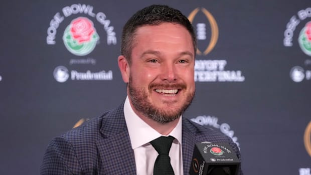 Dec 31, 2024; Los Angeles, California, USA; Oregon Ducks head coach Dan Lanning during the Rose Bowl head coaches press confe