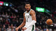 Jan 25, 2025; Inglewood, California, USA; Milwaukee Bucks forward Giannis Antetokounmpo (34) celebrates against the LA Clippers in the second half at Intuit Dome. Mandatory Credit: Kirby Lee-Imagn Images