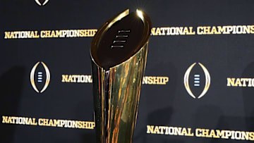 Jan 21, 2025; Atlanta, GA, USA; The College Football Playoff National Championship trophy at press conference at The Westin Peachtree Plaza, Savannah Ballroom. Mandatory Credit: Kirby Lee-Imagn Images