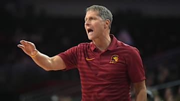 Jan 14, 2025; Los Angeles, California, USA; Southern California Trojans head coach Eric Musselman reacts in the first half against the Iowa Hawkeyes at Galen Center. Mandatory Credit: Kirby Lee-Imagn Images