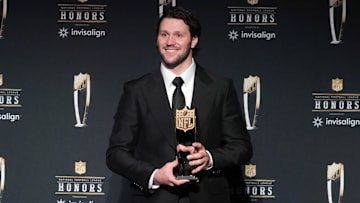 Buffalo Bills quarterback Josh Allen poses with the Most Valuable Player award during Super Bowl LIX NFL Honors