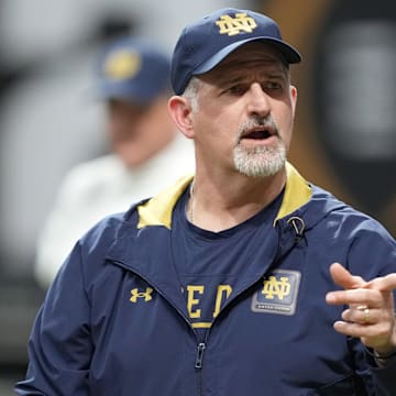 Jan 18, 2025; Atlanta, GA, USA; Notre Dame Fighting Irish offensive line coach Joe Rudolph during practice at Mercedes-Benz Stadium. 