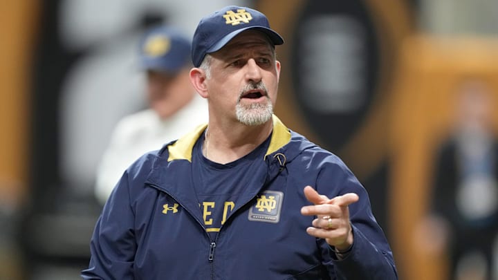 Jan 18, 2025; Atlanta, GA, USA; Notre Dame Fighting Irish offensive line coach Joe Rudolph during practice at Mercedes-Benz Stadium. Jan 18, 2025; Atlanta, GA, USA; Notre Dame Fighting Irish offensive line coach Joe Rudolph during practice at Mercedes-Benz Stadium.