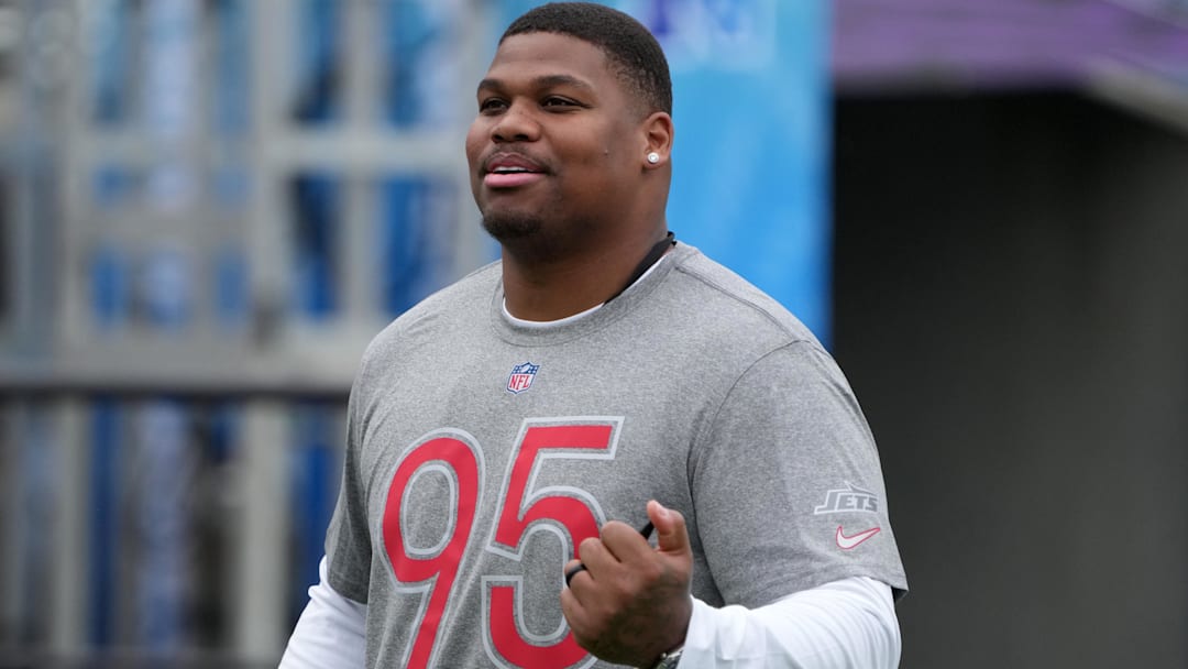 Feb 1, 2025; Orlando, FL, USA; New York Jets lineman Quinnen Williams (95) during AFC Practice for the Pro Bowl Games at Camping World Stadium. Mandatory Credit: Kirby Lee-Imagn Images