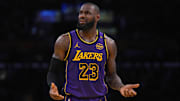 Nov 29, 2024; Los Angeles, California, USA; Los Angeles Lakers forward LeBron James (23) reacts in the second half against the Oklahoma City Thunder at Crypto.com Arena. Mandatory Credit: Kirby Lee-Imagn Images