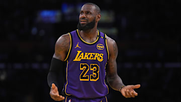 Nov 29, 2024; Los Angeles, California, USA; Los Angeles Lakers forward LeBron James (23) reacts in the second half against the Oklahoma City Thunder at Crypto.com Arena. Mandatory Credit: Kirby Lee-Imagn Images