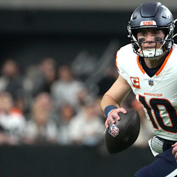 Nov 24, 2024; Paradise, Nevada, USA; Denver Broncos quarterback Bo Nix (10) throws the ball against the Las Vegas Raiders in the first quarter at Allegiant Stadium.
