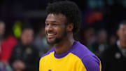 Jan 23, 2025; Los Angeles, California, USA; Los Angeles Lakers guard Bronny James (9) during the game against the Boston Celtics at the Crypto.com Arena. Mandatory Credit: Kirby Lee-Imagn Images