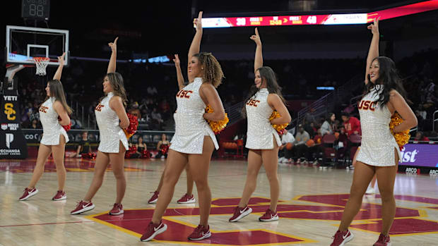 Dec 18, 2024; Los Angeles, California, USA; Southern California Trojans song girls cheerleaders perform during the game again
