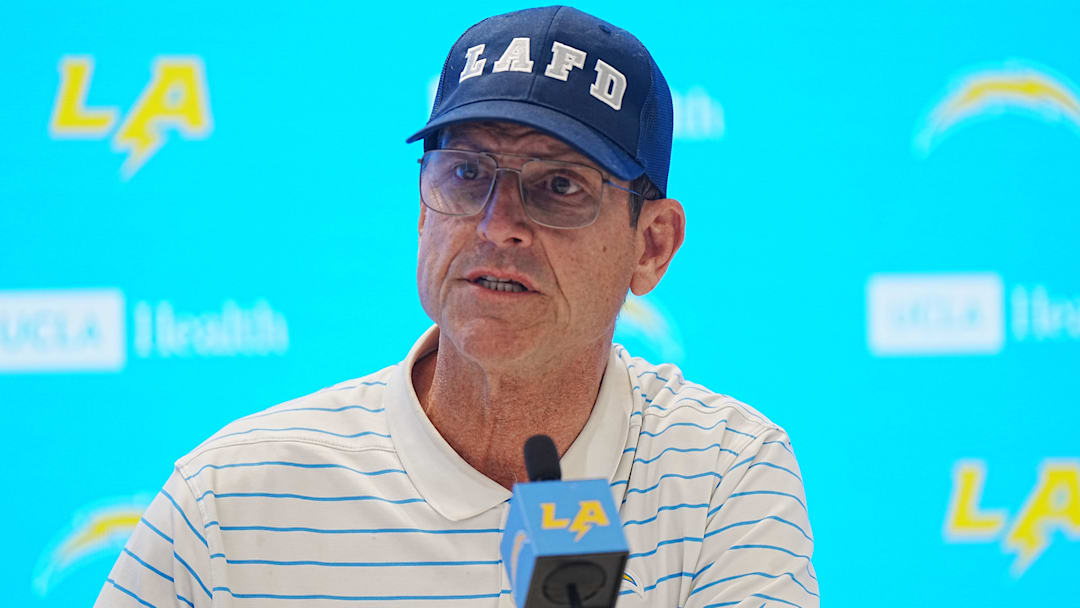 Jan 15, 2025; El Segundo, CA, USA; Los Angeles Chargers coach Jim Harbaugh at a press conference at The Bolt.