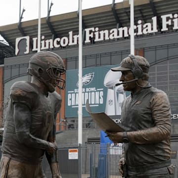 Feb 13, 2025; Philadelphia, PA, USA; The Super Bowl 57 Philly Special statue featuring Philadelphia Eagles quarterback Nick Foles and coach Doug Pederson at Lincoln Financial Field.  Mandatory Credit: Kirby Lee-Imagn Images