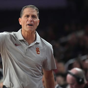 Dec 18, 2024; Los Angeles, California, USA; Southern California Trojans head coach Eric Musselman reacts in the first half against the Cal State Northridge Matadors at Galen Center.