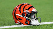 Nov 17, 2024; Inglewood, California, USA; A Cincinnati Bengals Riddell Speedflex helmet on the field at SoFi Stadium. Mandatory Credit: Kirby Lee-Imagn Images