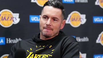 Los Angeles Lakers coach J.J. Redick at a press conference at Crypto.com Arena.