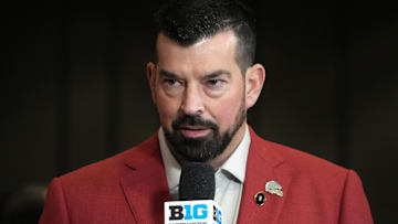 Dec 30, 2024; Los Angeles, CA, USA; Ohio State Buckeyes head coach Ryan Day on the Big Ten Network stage during Rose Bowl media day at Sheraton Grand LA. Mandatory Credit: Kirby Lee-Imagn Images
