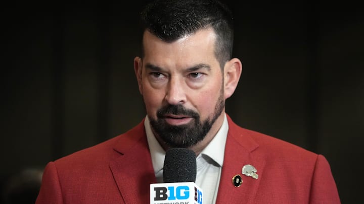 Dec 30, 2024; Los Angeles, CA, USA; Ohio State Buckeyes head coach Ryan Day on the Big Ten Network stage during Rose Bowl media day at Sheraton Grand LA. Mandatory Credit: Kirby Lee-Imagn Images
