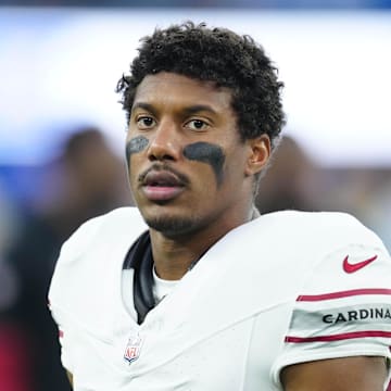 Dec 28, 2024; Inglewood, California, USA; Arizona Cardinals wide receiver Zay Jones (17) reacts during the game against the Los Angeles Rams at SoFi Stadium. Mandatory Credit: Kirby Lee-Imagn Images
