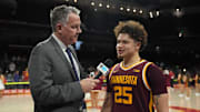 Feb 15, 2025; Los Angeles, California, USA; Big Ten Network analyst Don MacLean (left) interviews Minnesota Golden Gophers guard Lu'Cye Patterson (25) after the game against the Southern California Trojans at the Galen Center. Mandatory Credit: Kirby Lee-Imagn Images