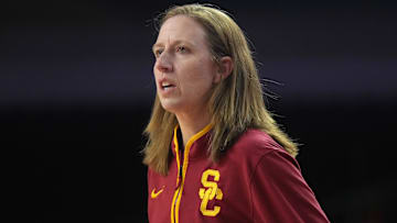 Dec 10, 2024; Los Angeles, California, USA; Southern California Trojans head coach Lindsay Gottlieb reacts in the first half against the Fresno State Bulldogs at Galen Center. USC defeated Fresno State 89-40. Mandatory Credit: Kirby Lee-Imagn Images
