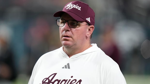 Dec 27, 2024; Las Vegas, NV, USA; Texas A&M Aggies head coach Mike Elko reacts against the Southern California Trojans in
