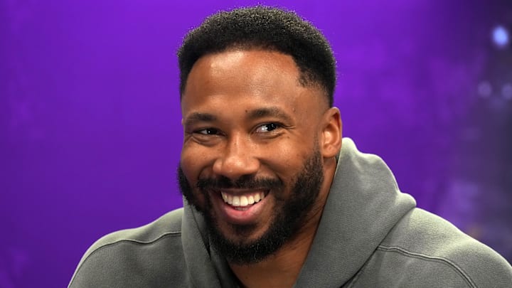 Feb 5, 2025; New Orleans, LA, USA; Cleveland Browns defensive end Myles Garrett on radio row at the Super Bowl LIX media center at the Ernest N. Morial Convention Center. Mandatory Credit: Kirby Lee-Imagn Images