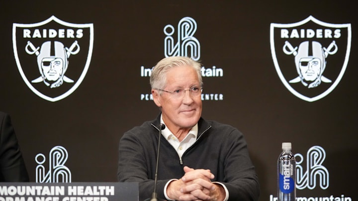 Jan 27, 2025; Las Vegas, NV, USA; Las Vegas Raiders coach Pete Carroll at press conference at Intermountain Health Performance Center. Mandatory Credit: Kirby Lee-Imagn Images Jan 27, 2025; Las Vegas, NV, USA; Las Vegas Raiders coach Pete Carroll at press conference at Intermountain Health Performance Center. Mandatory Credit: Kirby Lee-Imagn Images