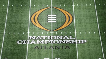 Jan 19, 2025; Atlanta, GA, USA; The College Football Playoff National Championship logo at midfield at Mercedes-Benz Stadium, the site of the 2025 College Football Playoff National Championship between the Ohio State Buckeyes and the Notre Dame Fighting Irish. Mandatory Credit: Kirby Lee-Imagn Images