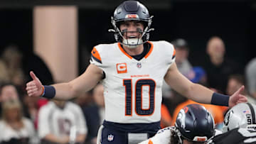 Nov 24, 2024; Paradise, Nevada, USA; Denver Broncos quarterback Bo Nix (10) gestures in the first half against the Las Vegas Raiders at Allegiant Stadium.