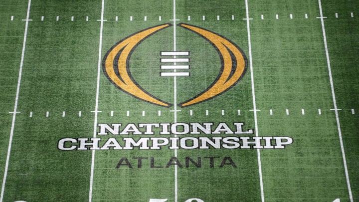 Jan 19, 2025; Atlanta, GA, USA; The College Football Playoff National Championship logo at midfield at Mercedes-Benz Stadium, the site of the 2025 College Football Playoff National Championship between the Ohio State Buckeyes and the Notre Dame Fighting Irish. Mandatory Credit: Kirby Lee-Imagn Images