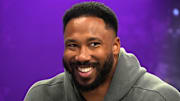 Feb 5, 2025; New Orleans, LA, USA; Cleveland Browns defensive end Myles Garrett on radio row at the Super Bowl LIX media center at the Ernest N. Morial Convention Center. Mandatory Credit: Kirby Lee-Imagn Images