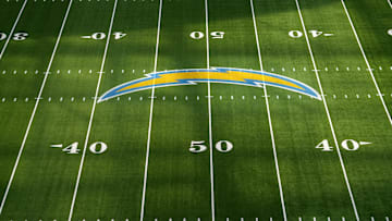 The Los Angeles Chargers bolt logo at midfield before the game against the Cincinnati Bengals at SoFi Stadium. 