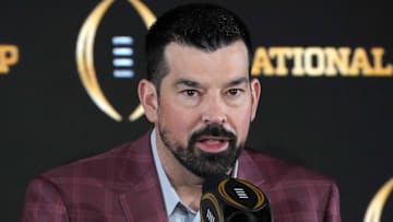 Jan 21, 2025; Atlanta, GA, USA; Ohio State Buckeyes head coach Ryan Day during CFP National Championship Champions press conference at The Westin Peachtree Plaza, Savannah Ballroom. Mandatory Credit: Kirby Lee-Imagn Images