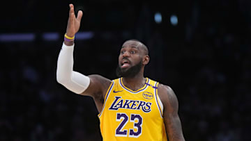 Jan 23, 2025; Los Angeles, California, USA; Los Angeles Lakers forward LeBron James (23) reacts in the second half against the Boston Celtics at the Crypto.com Arena. Mandatory Credit: Kirby Lee-Imagn Images
