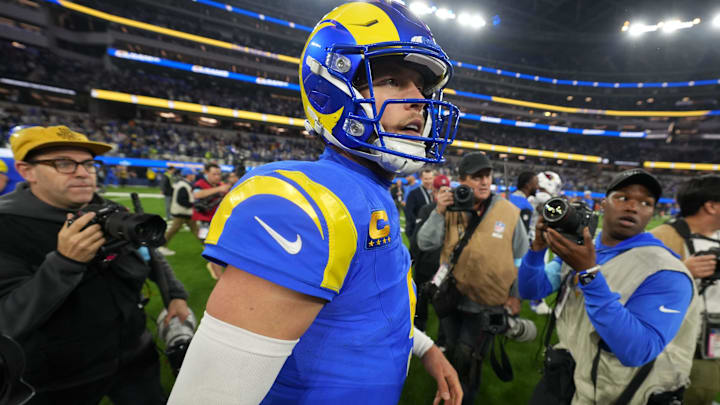 Dec 28, 2024; Inglewood, California, USA; Los Angeles Rams quarterback Matthew Stafford (9) reacts after the game against the Arizona Cardinals at SoFi Stadium. Mandatory Credit: Kirby Lee-Imagn Images