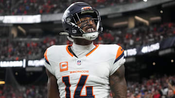 Nov 24, 2024; Paradise, Nevada, USA; Denver Broncos wide receiver Courtland Sutton (14) celebrates after scoring on a 18-yard touchdown pass against the Las Vegas Raiders at Allegiant Stadium. Mandatory Credit: Kirby Lee-Imagn Images