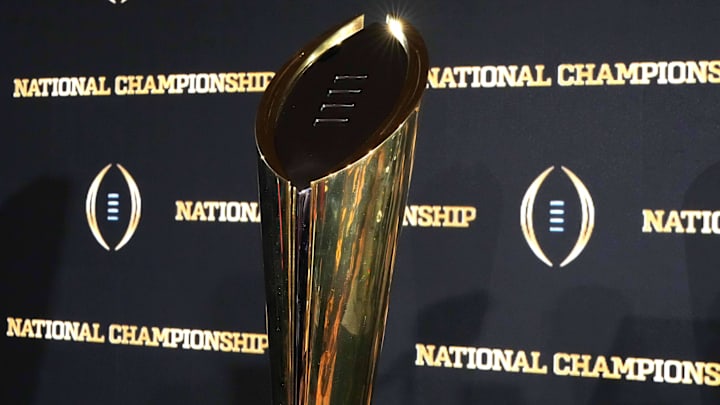 Jan 21, 2025; Atlanta, GA, USA; The College Football Playoff National Championship trophy at press conference at The Westin Peachtree Plaza, Savannah Ballroom. Mandatory Credit: Kirby Lee-Imagn Images