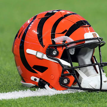Nov 17, 2024; Inglewood, California, USA; A Cincinnati Bengals Riddell Speedflex helmet on the field at SoFi Stadium. Mandatory Credit: Kirby Lee-Imagn Images