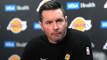 Los Angeles Lakers coach JJ Redick at a press conference at the Crypto.com Arena.