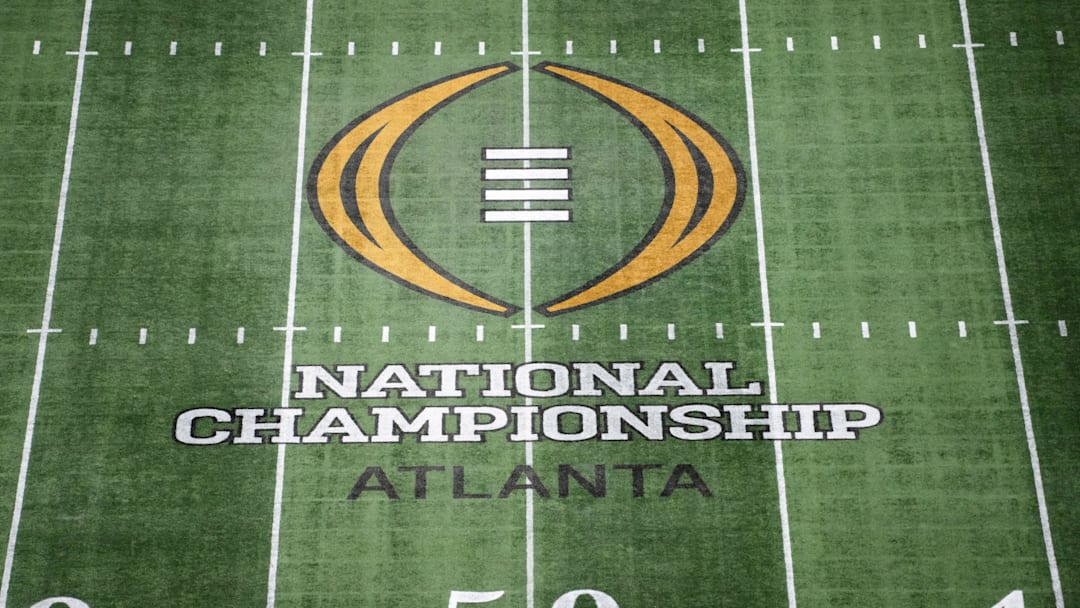 Jan 19, 2025; Atlanta, GA, USA; The College Football Playoff National Championship logo at midfield at Mercedes-Benz Stadium, the site of the 2025 College Football Playoff National Championship between the Ohio State Buckeyes and the Notre Dame Fighting Irish. Mandatory Credit: Kirby Lee-Imagn Images