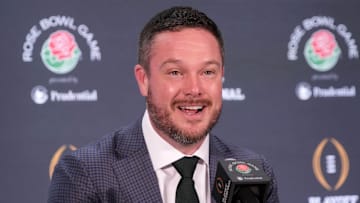 Dec 31, 2024; Los Angeles, California, USA; Oregon Ducks head coach Dan Lanning during the Rose Bowl head coaches press conference at Sheraton Grand LA. Mandatory Credit: Kirby Lee-Imagn Images