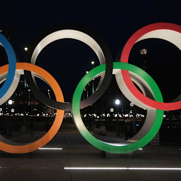 The Olympic rings at Centennial Park.