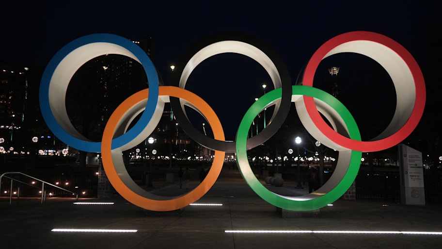 The Olympic rings at Centennial Park. | Kirby Lee-Imagn Images