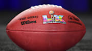 A Wilson official NFL Duke football with the Super Bowl LX logo at the Super Bowl LIX host committee handoff press conference. 