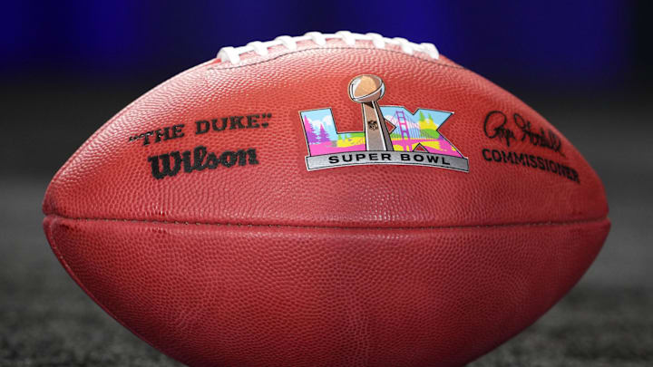 A Wilson official NFL Duke football with the Super Bowl LX logo at the Super Bowl LIX host committee handoff press conference. 