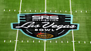 The Las Vegas Bowl logo at midfield at Allegiant Stadium. 