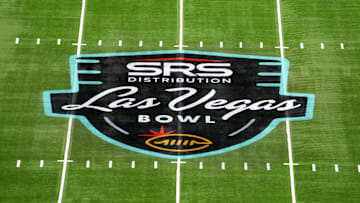 The Las Vegas Bowl logo at midfield at Allegiant Stadium. 