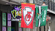 Feb 4, 2025; New Orleans, LA, USA; Kansas City Chiefs and Philadelphia Eagles flags at Voodoo Chicken & Daiquiris restaurant on Bourbon Street prior to Super Bowl LIX.  Mandatory Credit: Kirby Lee-Imagn Images