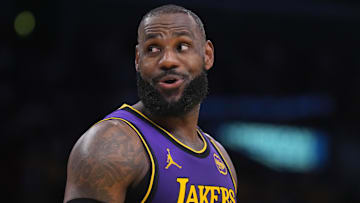 Nov 29, 2024; Los Angeles, California, USA; Los Angeles Lakers forward LeBron James (23) reacts in the first half against the Oklahoma City Thunder at Crypto.com Arena. Mandatory Credit: Kirby Lee-Imagn Images